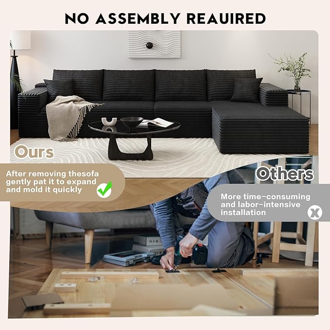 135.4" Cloud Sectional Couch with L-Shape Chaise,Modern Modular Sofa with Deep Seat, Upholstered Couches for Living Room Bedroom Apartments,No Assembly Required, (Black,Right Facing Chaise)