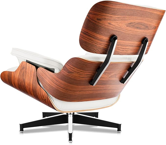 Top Grain Leather, Mid Century Chaise Lounge Chair and Ottoman, Modern Chair Classic Design, Heavy Duty Base Support for Living Room Study Lounge Office, Palisander-White