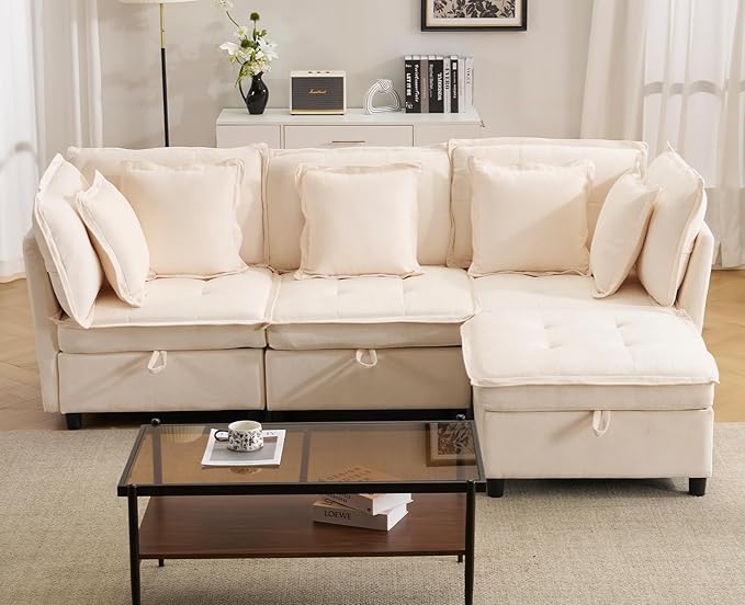 103" Modular Sectional Sofa, L-Shaped Corduroy Comfy Sectional Couches for Living Room, 3-Seater Cloud Couches with 1 Ottoman, Modern Deep Seat Sofa with Large Storage, Beige