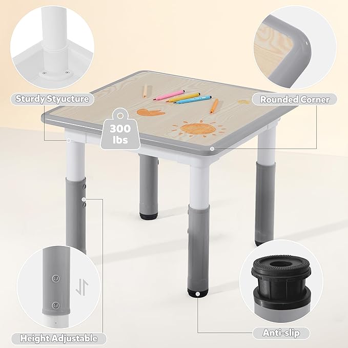 Adjustable Kids Table Chairs Set – Graffiti Desktop, Multi-Activity Height-Adjustable Toddler Study Desk for Ages 3-8 – Ideal for Home, Classroom, Daycare (W-Gray, 4 Chairs-23.6" L x 23.6" W)