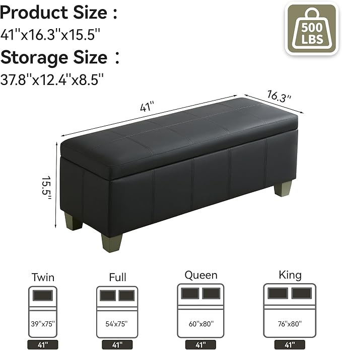 41" Faux Leather Storage Ottoman, Stitch Tufted Rectangle Upholstered End of Bed Storage Bench, Entryway Large Couch Ottoman with Wooden Legs, Dark Black