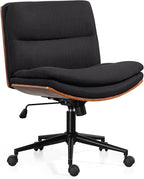 Armless Modern Walnut Office Desk Chair with Wheels, Adjustable Wide Swivel Task Chair, Ergonomic Cross Legged Fabric Chair for Conference Room, Home Office (Black)