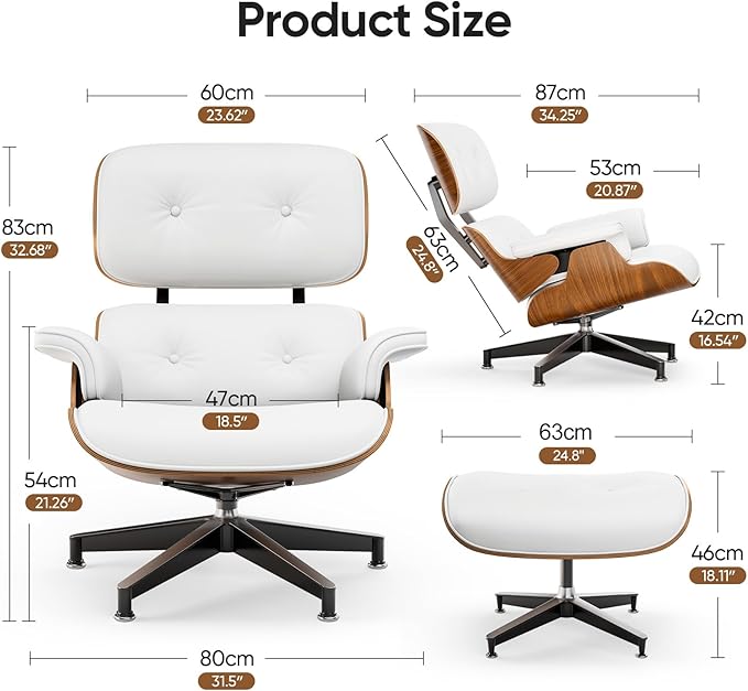 Top White PU Leather, Mid Century Chaise Lounge Chair and Ottoman, Modern Chair Classic Design, Walnut Wood, Heavy Duty Base Support for Living Room Office