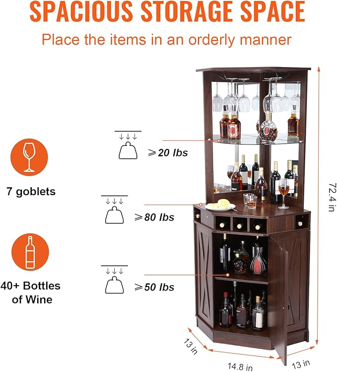 VEVOR Corner Industrial Bar Cabinet, Wine Table for Liquor & Glasses, Sideboard Buffet Cabinet with Glass Holder, Freestanding Farmhouse Wood Coffee Bar Cabinet for Living Room, Home Bar, Black Walnut