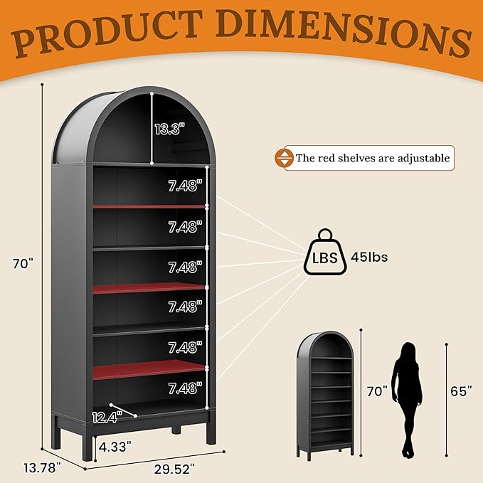 70" Tall Arched Shoe Cabinet, 7-Tier Shoe Rack with 3 Adjustable Shelves, Large Freestanding Shoe Organizer for Entryway, Closet, Hallway, Living Room (Midnight Black)