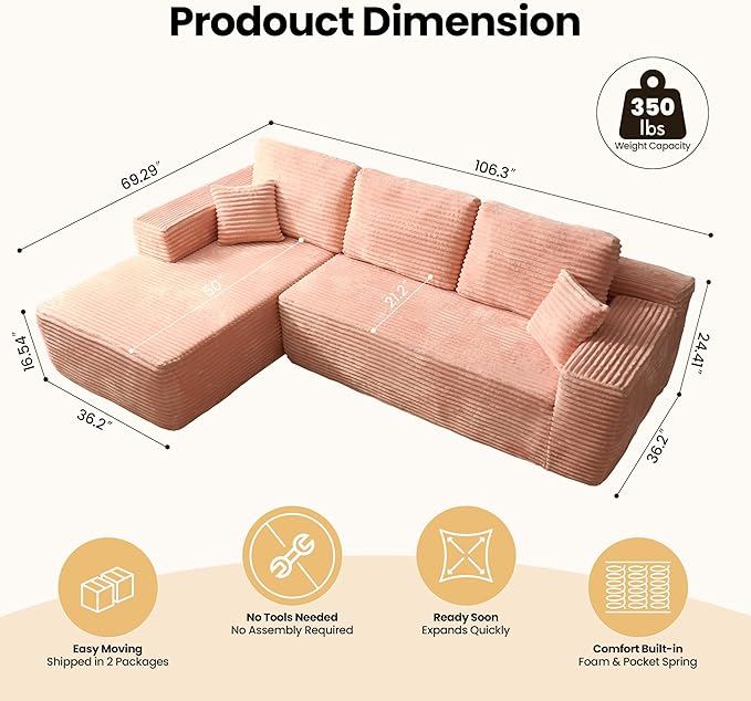 104" Cloud Sectional Couch with Chaise, Boneless L-Shaped Cloud Couch with Deep Seat, Soft Plush Modern Minimalist Sofa, Assembly Free Comfy Sofa for Office Living Room Apartment(Pink, Left Chaise)