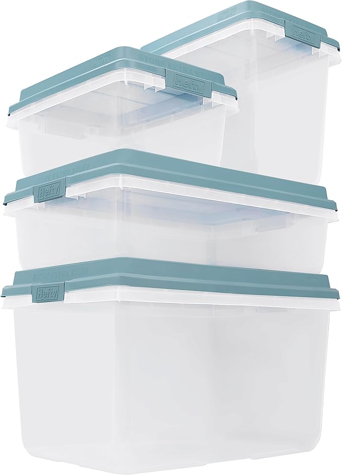 Hefty HI-RISE 40 Qt Stackable Storage Bins with Lids – 6 Pack Clear Plastic Under Bed Storage Containers, Shoe Organizer Boxes with XL Lid-Locking Latches, Comfort-Grip Handles, Durable Double Rim