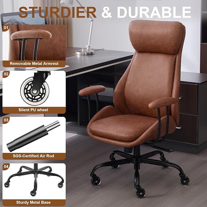 Home Office Desk Chair, PU Casters Ergonomic Computer Chair with Lumbar Support, Adjustable Height, 360°Rolling Swivel Chair, High Back Executive Task, Padded Armrests Chair, Brown Leather