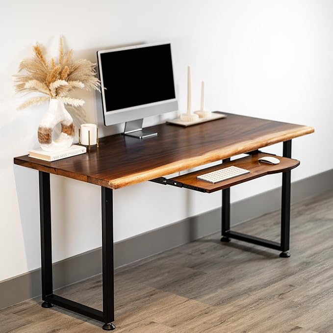 Wood Computer Desk with Keyboard Tray - 48x27 Solid Wood Desk, Live Edge Walnut Desk, Sturdy Metal Legs - Scratch and Stain Resistant Finish - Premium Quality