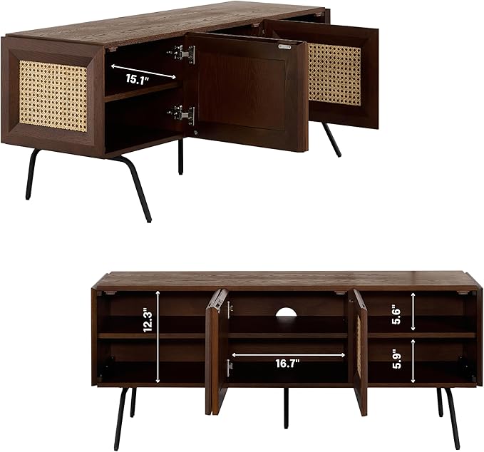 NTC Mossic TV Media Cabinet with 3 Doors for TVs, Entertainment Center with Natural Rattan, Metal Legs, Modern Storage Console for Living Room and Bedroom, Effortless Assembly, Dark Walnut