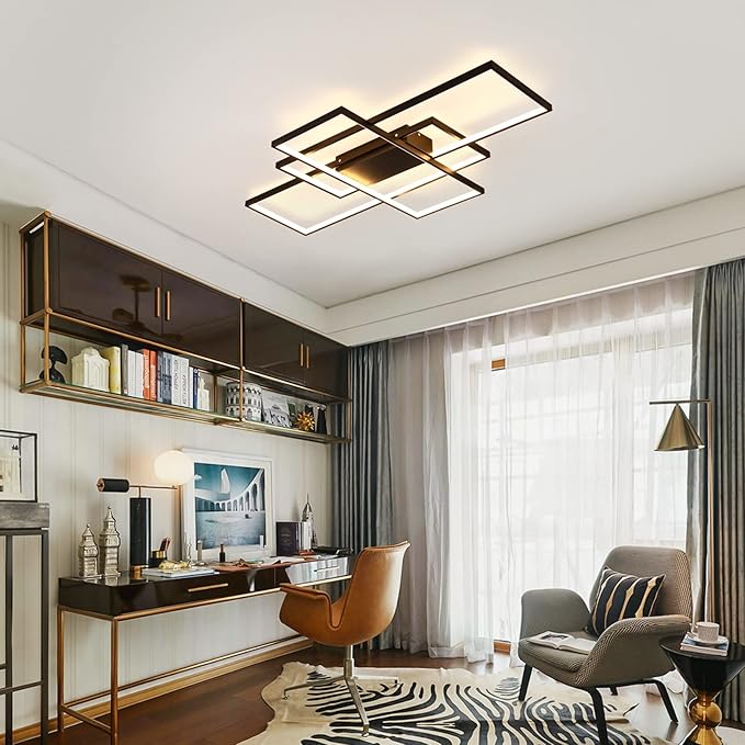 GEADI Modern Extra Large LED Ceiling Lights, Black Dimmable Rectangular Chandelier 68W Flush Mount Ceiling Lamp with Remote 3 Squares Ceiling Light Fixtures for Living Dining Room Kitchen, 41.3in