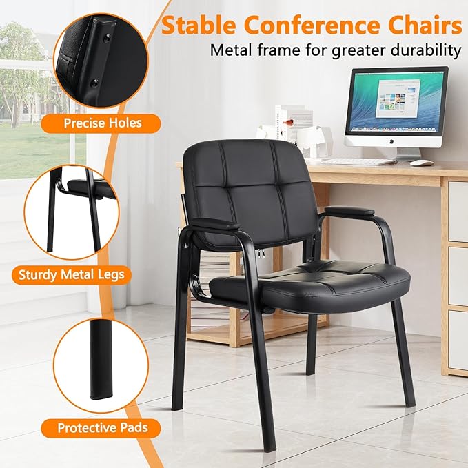 CLLATINA Waiting Room Chairs with Padded Arms Leather Guest Chair no Wheels for Office Reception and Conference Desk Black 2PK