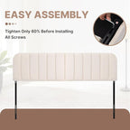Upholstered Headboard - Striped Interval - Adjustable Height - Metal Legs - Bed Frame (Beige, Queen (U.S. Standard))