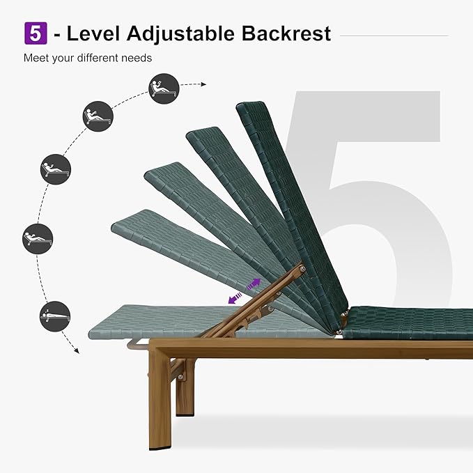 PURPLE LEAF Patio Chaise Lounge Rattan Chair Outdoor Pool Adjustable Recliner Wicker Lounger for Outside Woven Furniture Tanning Poolside Lounger Forest Green