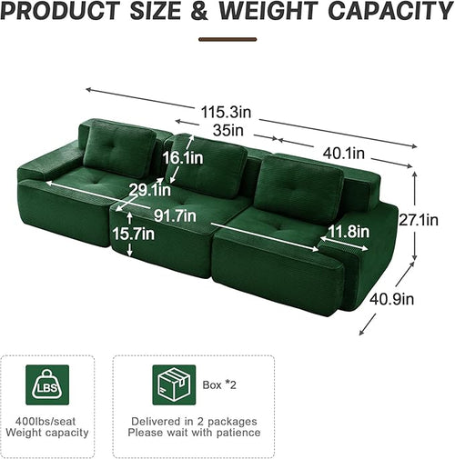 115.3” Green Boneless Couches for Living Room, Modular Sectional Sofa, 3 Seater Comfy Upholstered Deep Seat Corduroy Fabric Cloud Couch No Assembly, Anti-Slip Design