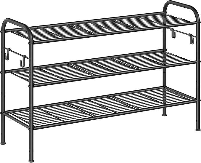SONGMICS Shoe Rack, 3-Tier Shoe Organizer, Metal Shoe Shelf Storage with 4 Side Hooks, Holds 15 Pairs of Shoes, Height-Adjustable Shoe Rack for Entryway, Hallway, Closet, Easy Assembly, Ink Black