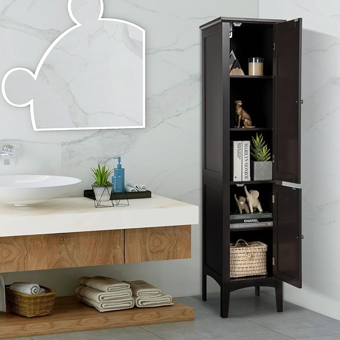 COSTWAY Tall Bathroom Storage Cabinet, 5-Tier Freestanding Linen Tower Cabinet with 2 Doors, Wooden Side Storage Organizer, Narrow Slim Floor Cabinet for Bathroom, Living Room, Kitchen (Brown)