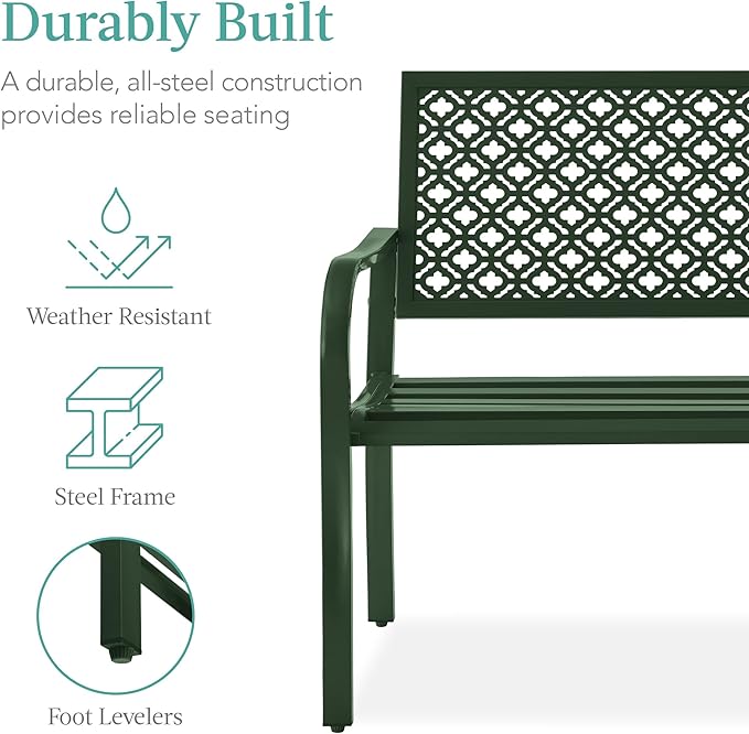 Best Choice Products Outdoor Bench 2-Person Metal Steel Benches Furniture for Garden, Patio, Porch, Entryway w/Geometric Backrest, 790lb Capacity - Dark Green