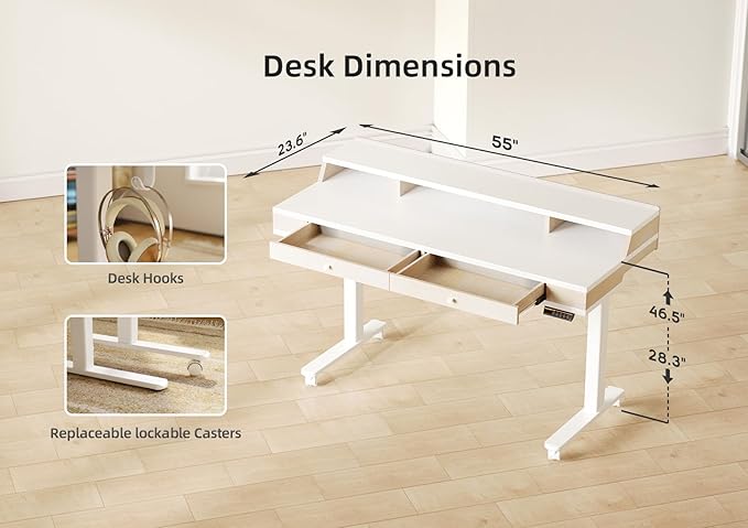 Claiks Electric Adjustable Standing Desk with Drawers, Sit Stand Up Desk with Storage Shelves & Wheels, 55 Inch White
