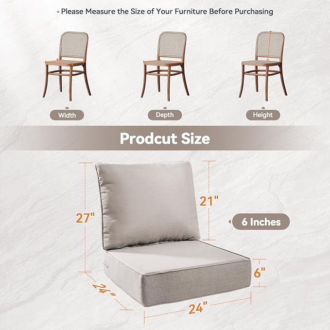 Luxury 6" Outdoor Cushions for Patio Furniture, 24x24x6" Thick Seat Cushion Set of 2, Fade Resistant Couch Chair Replacement Cushions High Density Deep Wicker Chair Cushion w/ Removable Cover, Beige