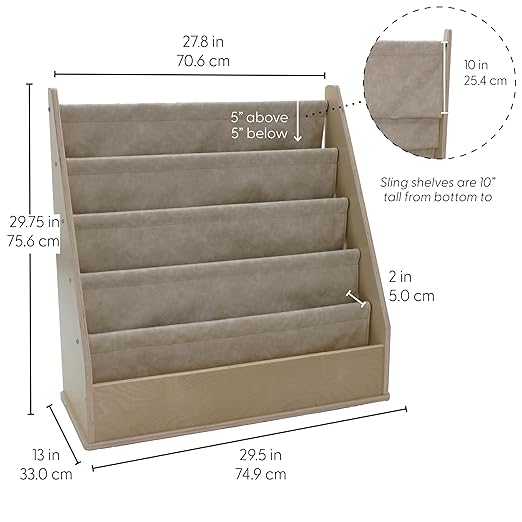 Factory Direct Partners Rustic Kid Birch Sling Book Display; Distressed Faux Leather 4-Shelf Storage for Books or Magazines; Furniture for Bedroom, Playroom, Daycare or Classroom - Almond, 13745-320
