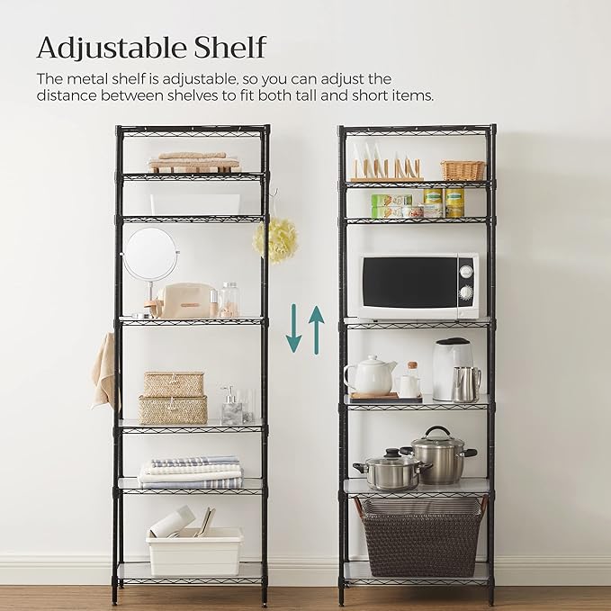 SONGMICS 7-Tier Storage Unit, Wire Shelving, Kitchen Metal Rack With Adjustable Shelves, Shelf Liners, 8 Hooks, for Garage, 13.4 x 23.2 x 70.9 Inches, Black ULGR067B01