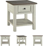 Signature Design by Ashley Bolanburg Farmhouse Rectangular End Table, Plank Style Top, Drawer, Wood, 24" W x 27" D x 25" H, 2-tone Finish, Antique Cream