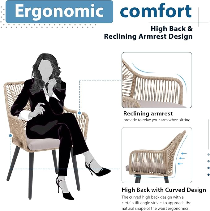 JOIVI Outdoor Dining Chairs Set of 2, 2 Pieces Woven Rope Patio Chairs with Armrest and Seat Cushions for Outside Porch, Balcony or Indoor Kitchen, Restaurant, Tan