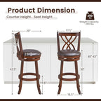 COSTWAY Bar Stools Set of 2, 360° Swivel Chairs with Rubber Wood Frame, 30-Inch PU Leather Cushioned Seat and Footrests, for Kitchen Island, Dining Room, Bar (Brown-30 inches, 2 stools)