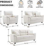 Morden Fort Faux Leather Chair, Loveseat and 3 Seater Sofa Set, Modern Luxury Furniture with Removable and Easy to Clean Cushions, Skin-Friendly Wide Arm for Living Room Apartment Office, White