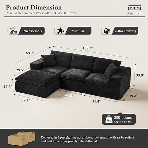 108" Sectional Couches for Living Room Boneless Couch Upholstered Cloud Couch Sectional Modular Sectional Sofa with L Shaped (Chenille-Black, 3 Seat+1 Ottoman)