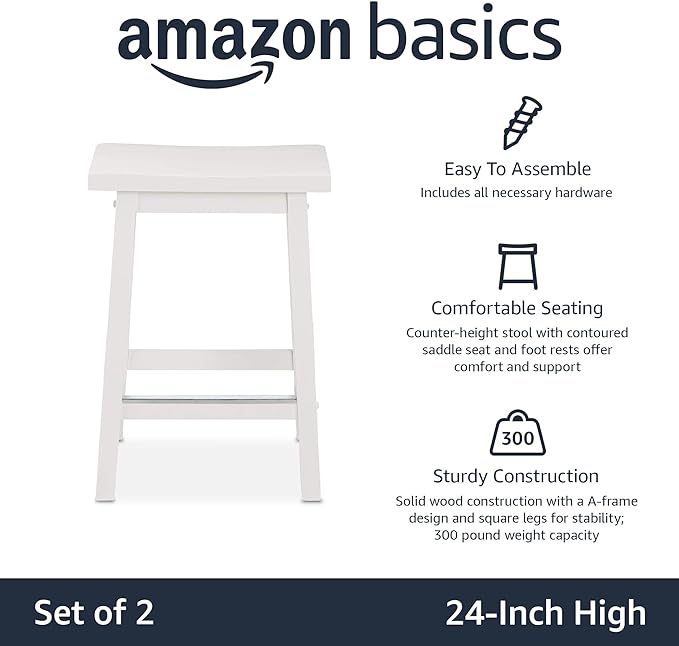 Amazon Basics Solid Wood Saddle-Seat Kitchen Counter Barstool with Footrest, Easy Assembly - 24-Inch Height - White - Set of 2