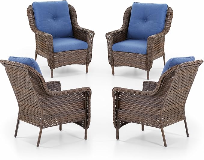 Patio Wicker Chairs Outdoor Furniture Chair - Set of 4 Outside All Weather Lawn Dining Brown Rattan Armchair with High Back&Deep Seating for Deck Porch Balcony Backyard Garden - Navy Blue