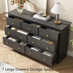 Black Dresser for Bedroom, 7 Drawer Dresser with Metal Handles, 55 Inch Wide Wood Chest for Living Room, Hallway