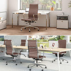 Ribbed Office Chair Top Grain Leather Desk Chair High Back Genuine Leather Swivel Chairs with Aluminum Alloy Arms & Base, with Silent Nylon Wheels, High Adjustable and Tilting Function, Brown