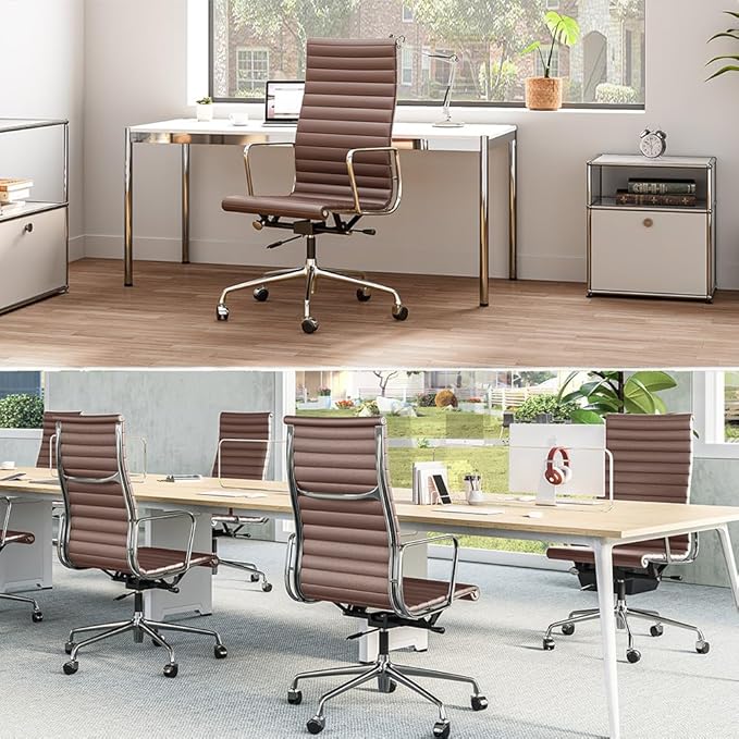 Ribbed Office Chair Top Grain Leather Desk Chair High Back Genuine Leather Swivel Chairs with Aluminum Alloy Arms & Base, with Silent Nylon Wheels, High Adjustable and Tilting Function, Brown