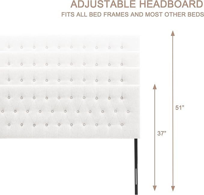 Tufted Upholstered Headboard Twin Size, Solid Wood Head Board with Durable Metal Legs, Adjustable Height Twin XL headboard from 37” to 51” Fabric Headboard in Modern Button Design, White
