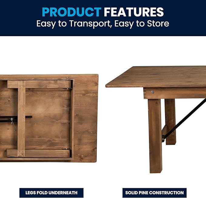 Flash Furniture Hercules Series 8' x 40" Rustic Solid Pine Folding Dining Table, Rectangular Antique Farmhouse Dining and Event Extension Table