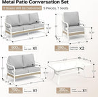 6 Piece Metal Outdoor Patio Furniture Set, Patio Conversation Set with 1 3-Seater Couch, 2 Fixed Sofa with 5.75" Thick Cushion and Coffee Table, White and Gray Backyard Furniture
