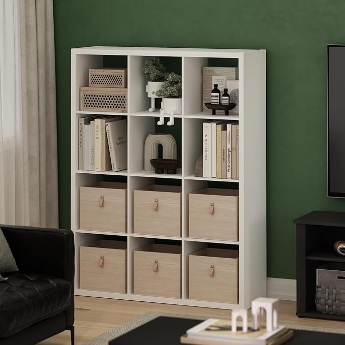 Furinno Cubicle Book Shelf, 12-Cube Thick Frame Bookshelf, Reversible Bookcase with Open Back, 14.6 x 43.8 x 58, for Living Room, Bedroom, Home Office, White