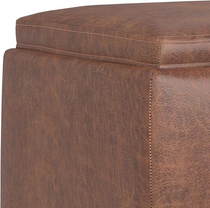 SIMPLIHOME Natasha 18 inch Wide Contemporary Square Mid Century Storage Ottoman with Tray in Distressed Saddle Brown Vegan Faux Leather, Assembled, For the Living Room, Entryway and Family Room