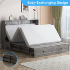 Mjkone Murphy Bed, Cabinet Murphy Bed with Tri-Fold Memory Foam Mattress, Farmhouse Wooden Cabinet Beds with USB Charging Station and 2 Storage Drawers for Bedroom/Office/Guest Room-Gray, Queen