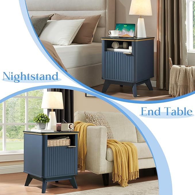 QUW Fluted Nightstands Set of 2 with Charging Station, 18" Modern Side Table, Wooden Bedside Table with Faux Marble Top, Open Storage, Cabinet, End Table for Bedroom, Living Room, Navy Blue