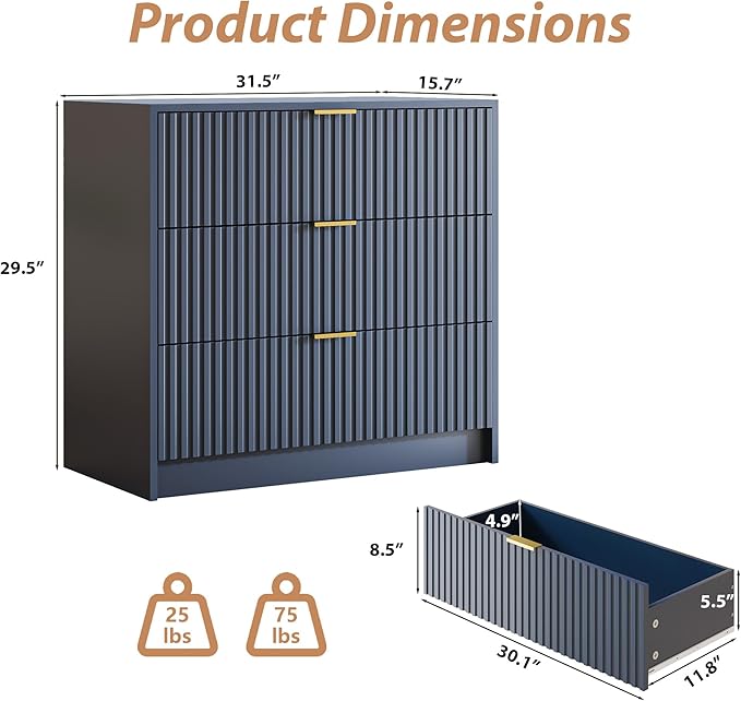 3-Piece Dresser Bedroom Set, 6 Drawer Dresser & 3 Drawer Nightstands with Gold Handles, Fluted Wood Chest of Drawers for Bedroom, Living Room, Entryway, Navy Blue