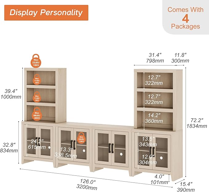WAMPAT Farmhouse Entertainment Center with Bookshelves, 4-Piece Modular TV Stand with Storage Towers, Glass Doors, Open Shelves, Media Console for Living Room, Home Theater, Beige