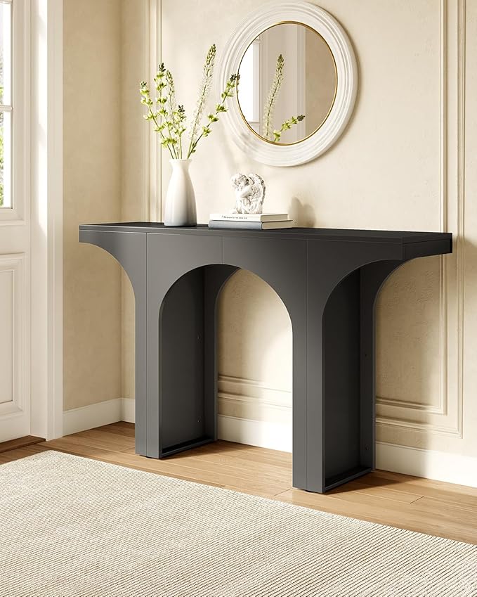 LITTLE TREE 47 Inches Console Table, Black Sofa Table Behind Couch, Farmhouse Entryway Table Hallway Foyer Table with Arch Base, Wooden Console Sofa Tables for Living Room, Entrance