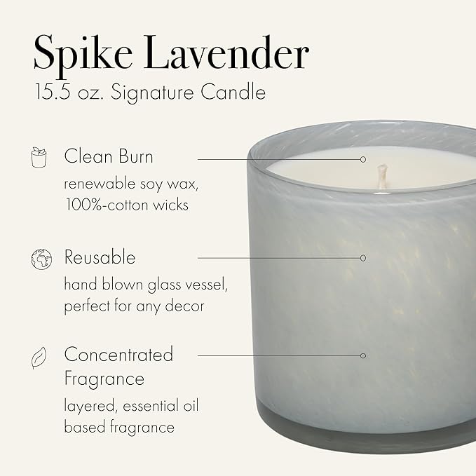 LAFCO New York Signature Candle, Spike Lavender - 15.5 oz - 90-Hour Burn Time - Reusable, Hand Blown Glass Vessel - Made in The USA