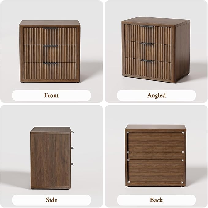 Night Stand with 3 Drawers, 23" Wide Modern Nightstand with Large Storage, Fluted Bed Side Table with Metal Handle, End Table Tall Nightstand for Bedroom, Living Room, Office, Walnut