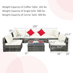 Tangkula 7 Pieces Patio Rattan Furniture Set, Patiojoy Outdoor Conversation Set with Cushions and Tempered Glass Coffee Table, All-Weather Sectional Sofa Set for Garden, Lawn, Backyard (White)