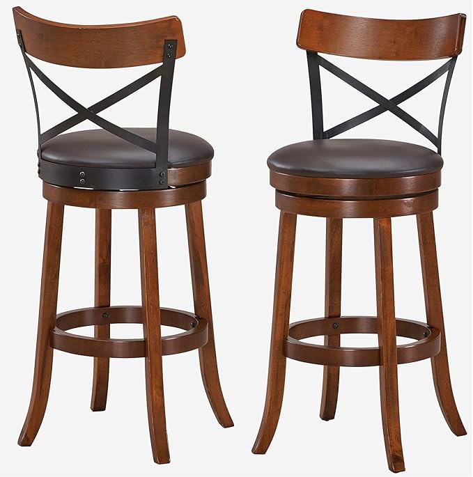 COSTWAY Bar Stool Set of 4, 360-Degree Swivel Solid Wood Stools with Soft Cushion & Backrest, 29.5” Height Kitchen Counter Bar Stools for Kitchen Island, Pub, and Restaurant (4, 29in)